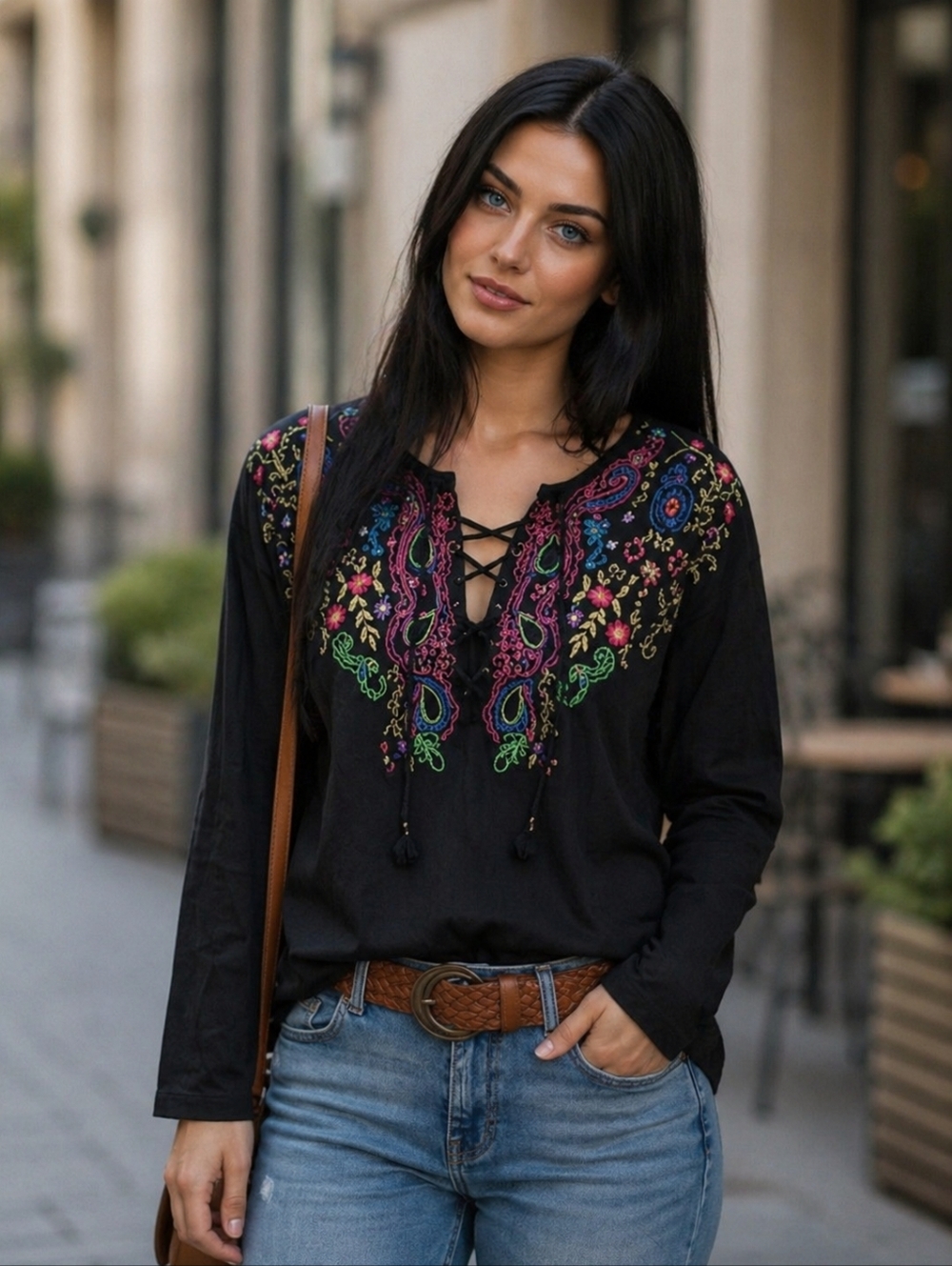 EUC TOGETHER L Black Embroidered Tunic Top Lace-Up V-Neck Top!!